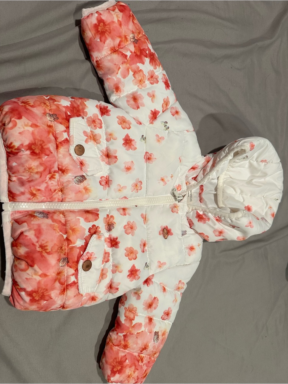 Zara White Puffer Jacket with Coral Floral Print
